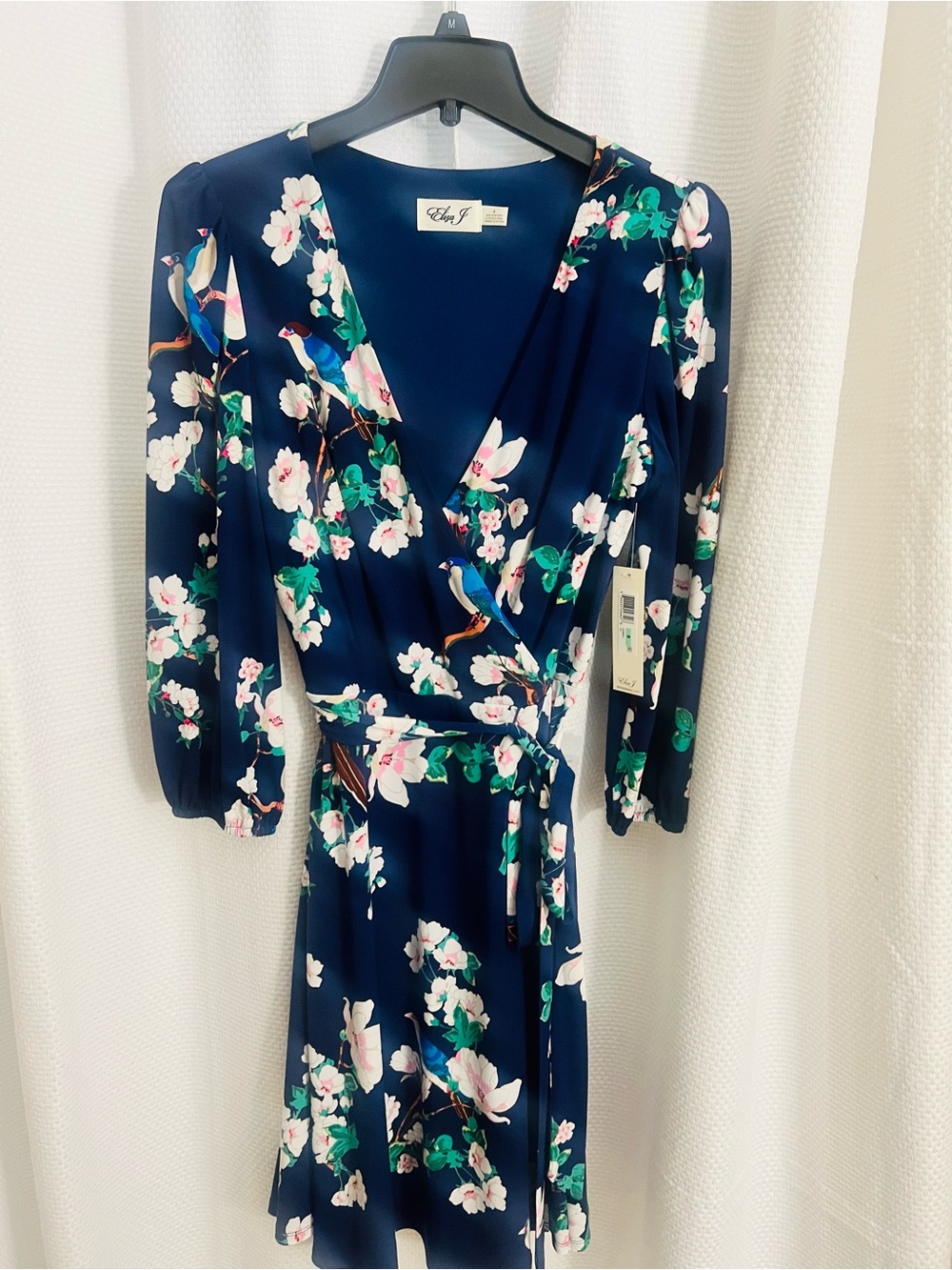 Eliza J Navy Floral Faux-Wrap Long Sleeve Dress